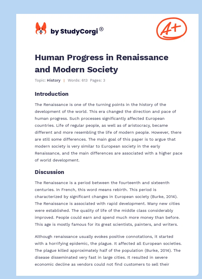 Human Progress in Renaissance and Modern Society. Page 1