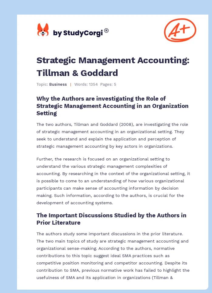 Strategic Management Accounting: Tillman & Goddard. Page 1