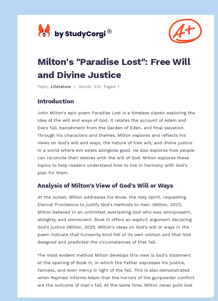 Milton's "Paradise Lost": Free Will and Divine Justice. Page 1