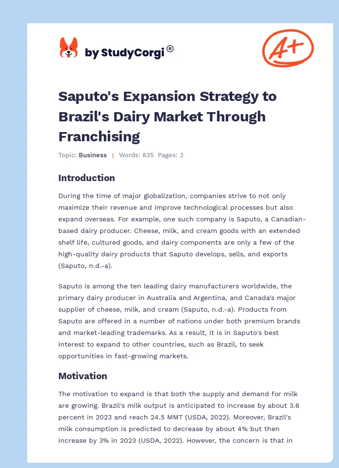 Saputo's Expansion Strategy to Brazil's Dairy Market Through Franchising. Page 1