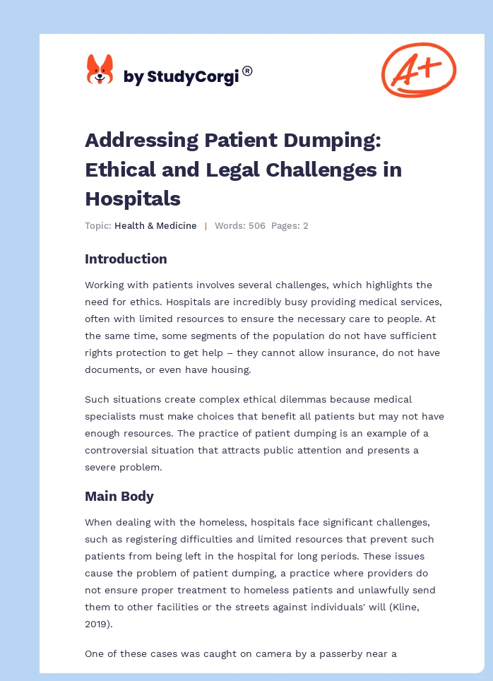 Addressing Patient Dumping: Ethical and Legal Challenges in Hospitals. Page 1