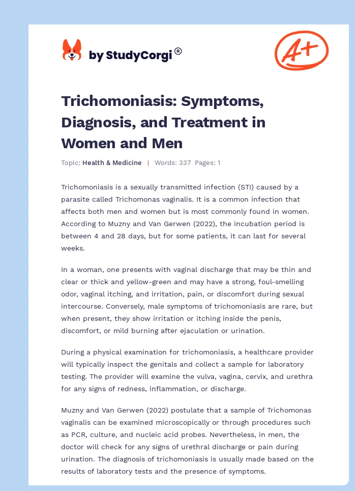 Trichomoniasis: Symptoms, Diagnosis, and Treatment in Women and Men. Page 1