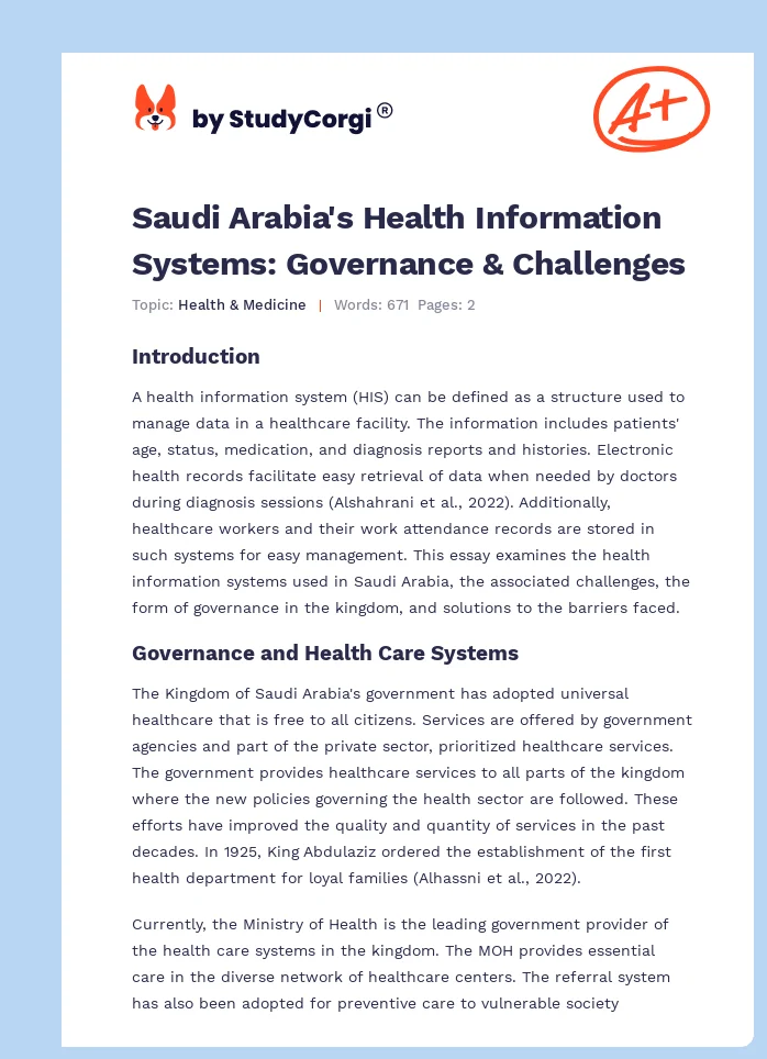 Saudi Arabia's Health Information Systems: Governance & Challenges. Page 1