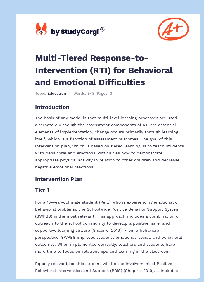 Multi-Tiered Response-to-Intervention (RTI) for Behavioral and Emotional Difficulties. Page 1