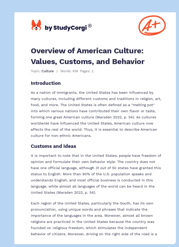 Overview of American Culture: Values, Customs, and Behavior. Page 1