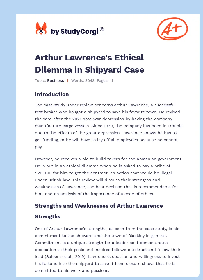 Arthur Lawrence's Ethical Dilemma in Shipyard Case. Page 1