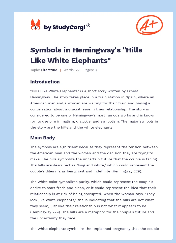 Symbols in Hemingway's "Hills Like White Elephants". Page 1