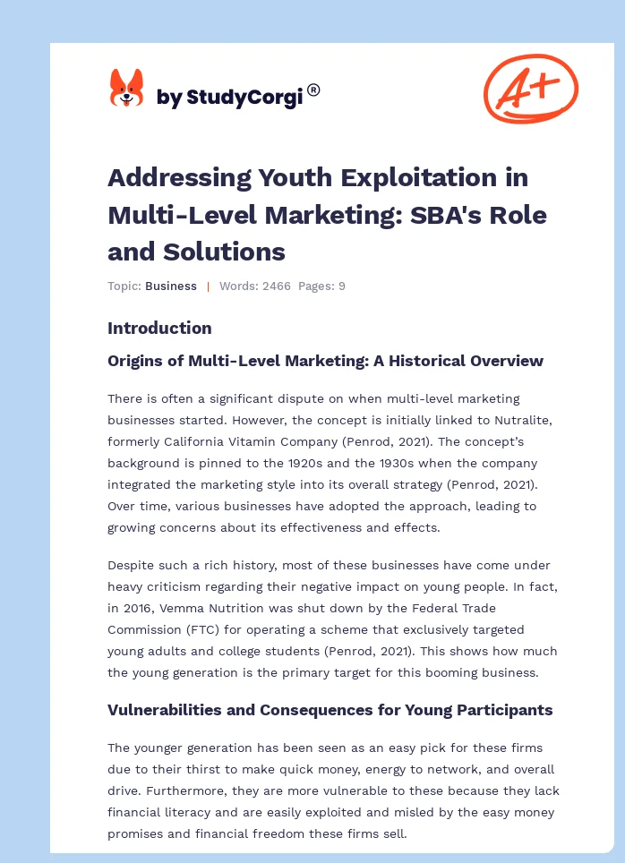 Addressing Youth Exploitation in Multi-Level Marketing: SBA's Role and Solutions. Page 1