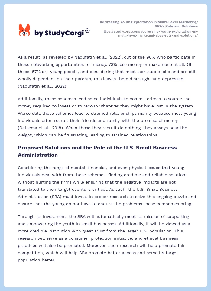 Addressing Youth Exploitation in Multi-Level Marketing: SBA's Role and Solutions. Page 2