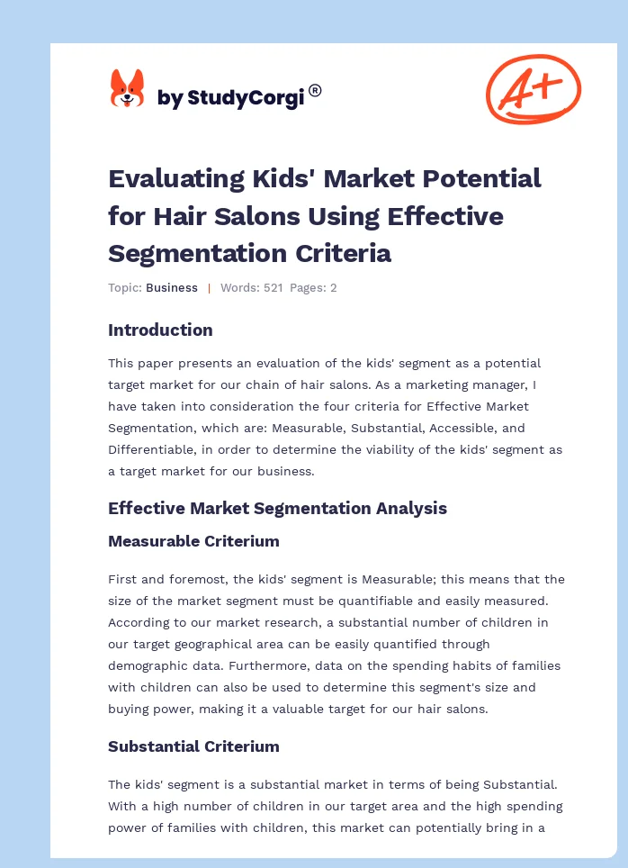 Evaluating Kids' Market Potential for Hair Salons Using Effective Segmentation Criteria. Page 1