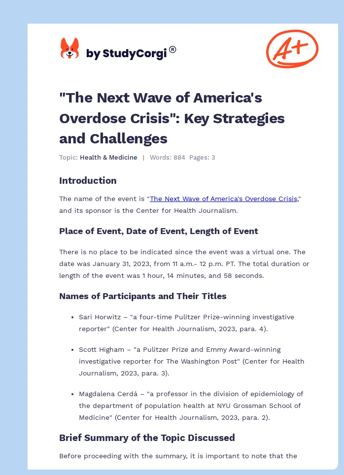 "The Next Wave of America's Overdose Crisis": Key Strategies and Challenges. Page 1