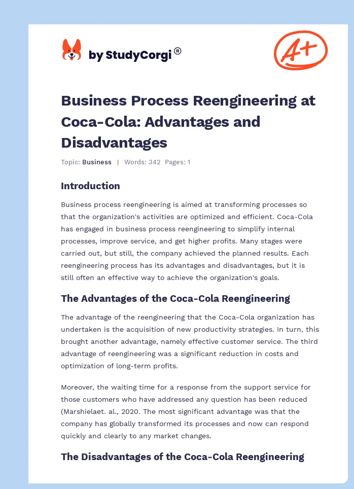 Business Process Reengineering at Coca-Cola: Advantages and Disadvantages. Page 1