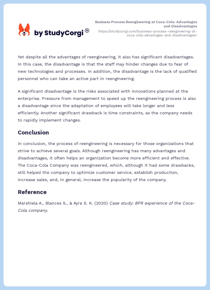 Business Process Reengineering at Coca-Cola: Advantages and Disadvantages. Page 2