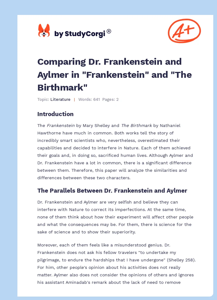 Comparing Dr. Frankenstein and Aylmer in "Frankenstein" and "The Birthmark". Page 1