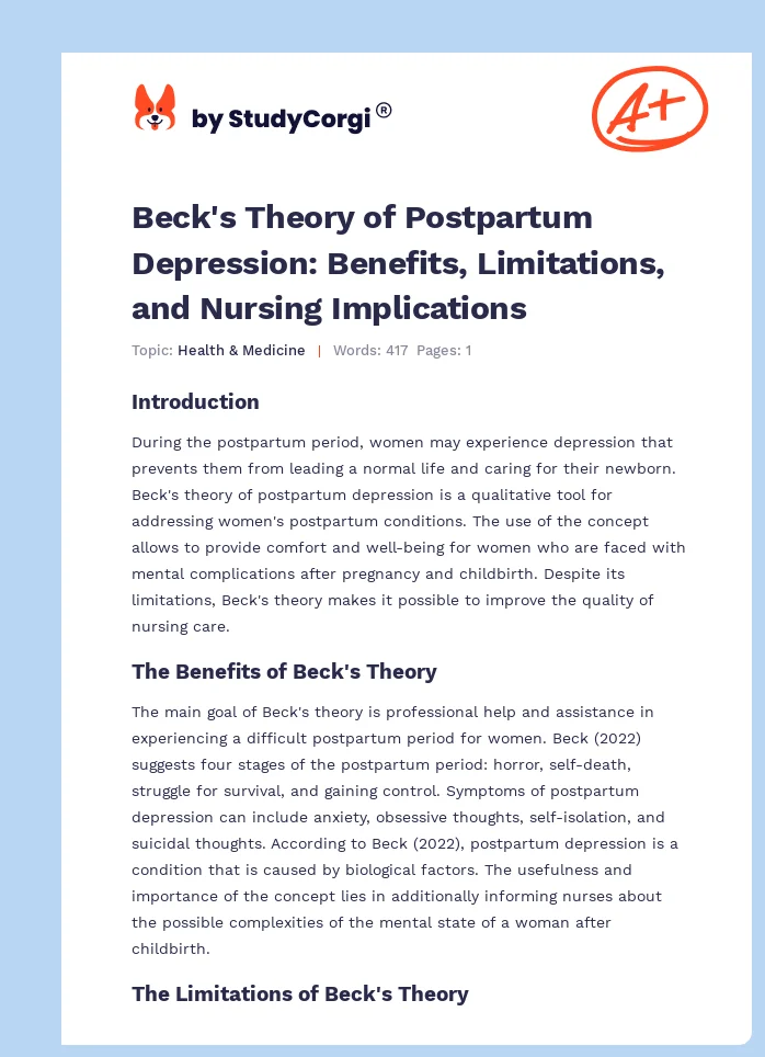 Beck's Theory of Postpartum Depression: Benefits, Limitations, and Nursing Implications. Page 1