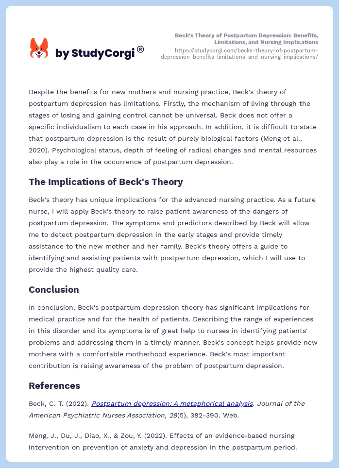 Beck's Theory of Postpartum Depression: Benefits, Limitations, and Nursing Implications. Page 2