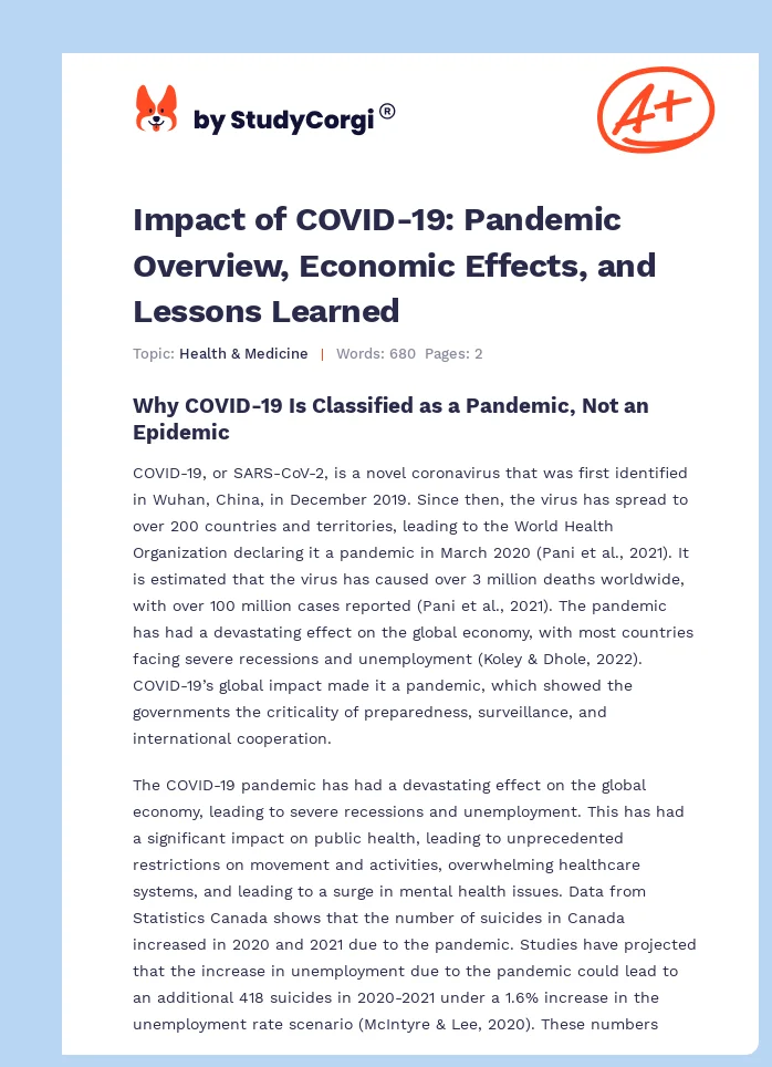 Impact of COVID-19: Pandemic Overview, Economic Effects, and Lessons Learned. Page 1