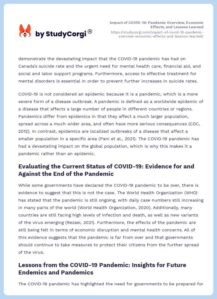 Impact of COVID-19: Pandemic Overview, Economic Effects, and Lessons Learned. Page 2