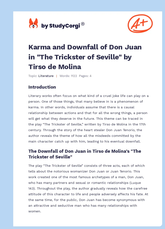 Karma and Downfall of Don Juan in "The Trickster of Seville" by Tirso de Molina. Page 1