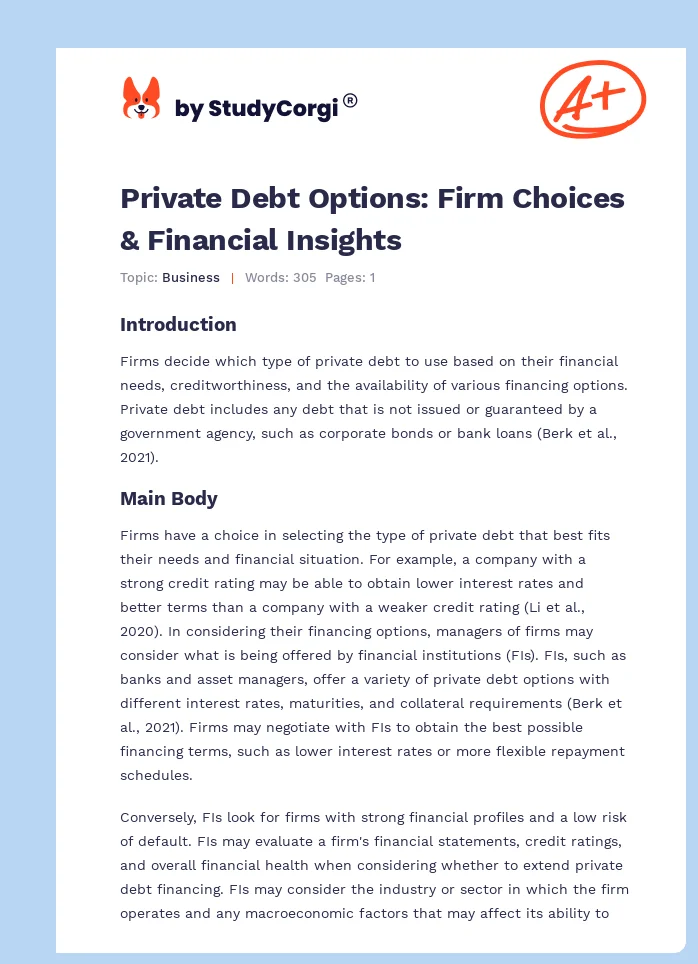 Private Debt Options: Firm Choices & Financial Insights. Page 1