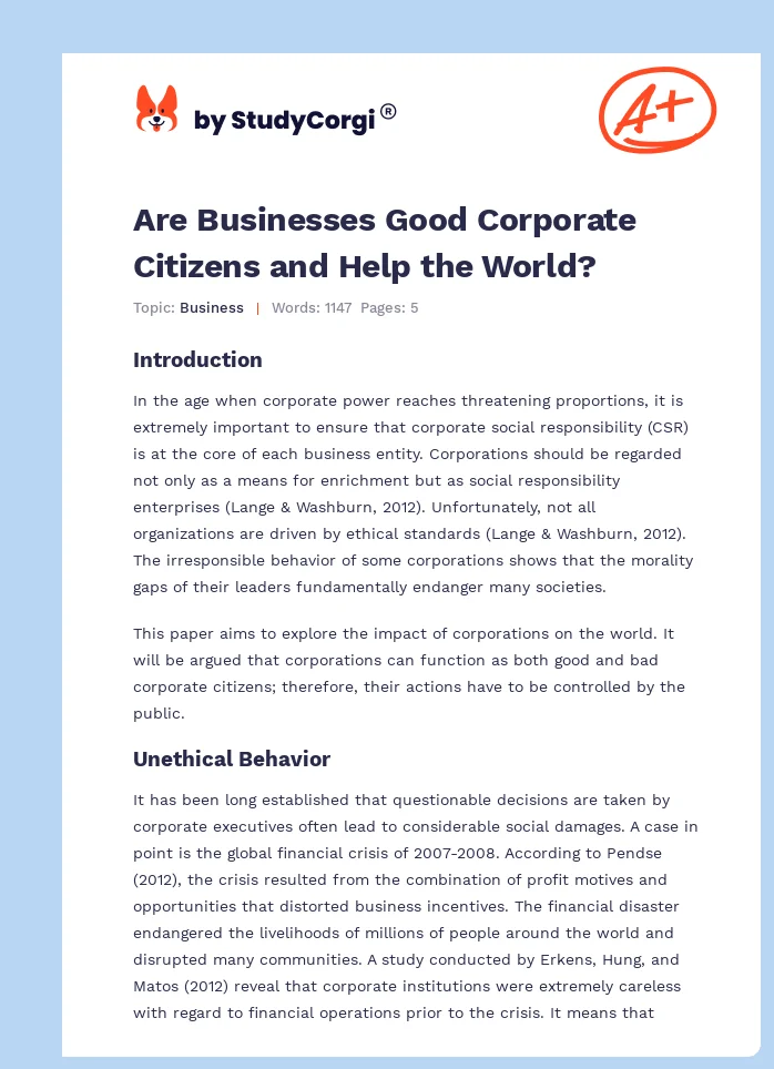 Are Businesses Good Corporate Citizens and Help the World?. Page 1