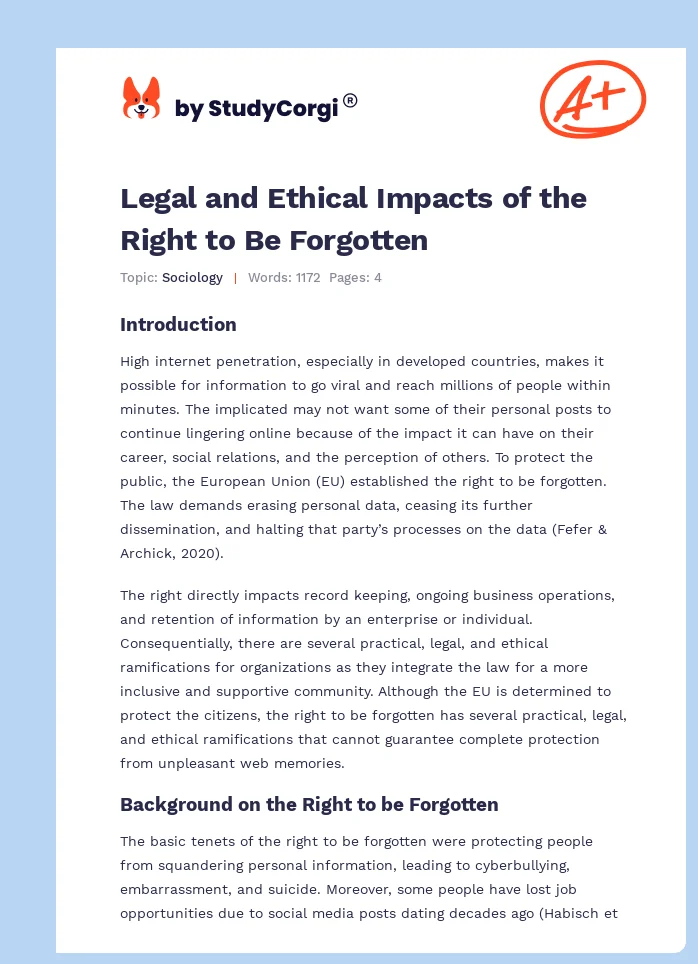 Legal and Ethical Impacts of the Right to Be Forgotten. Page 1