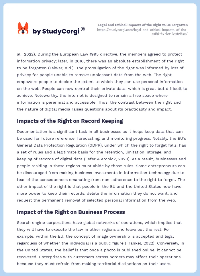 Legal and Ethical Impacts of the Right to Be Forgotten. Page 2