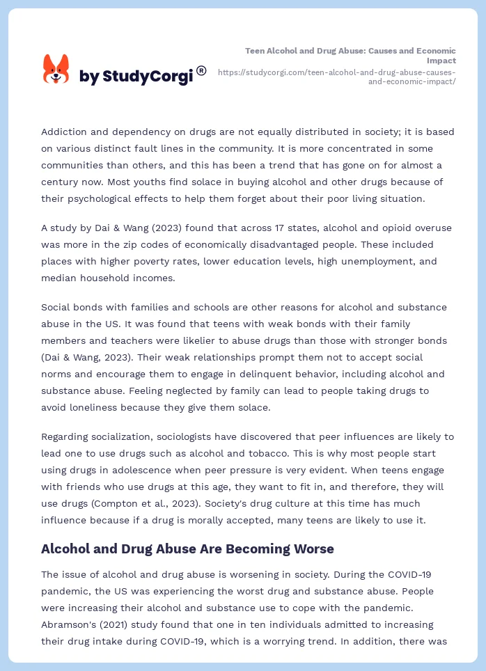 Teen Alcohol and Drug Abuse: Causes and Economic Impact. Page 2