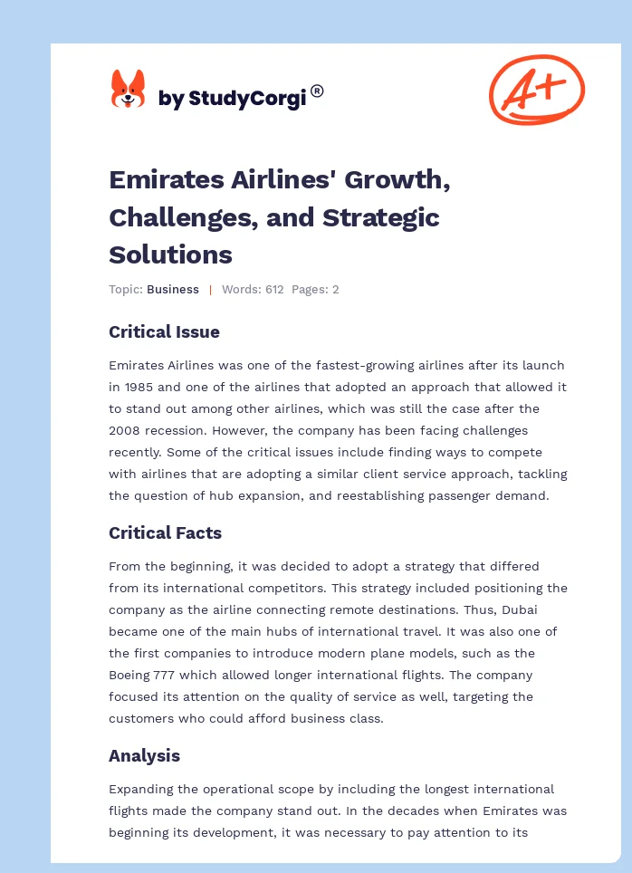 Emirates Airlines' Growth, Challenges, and Strategic Solutions. Page 1