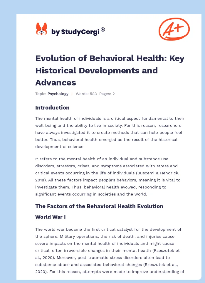 Evolution of Behavioral Health: Key Historical Developments and Advances. Page 1