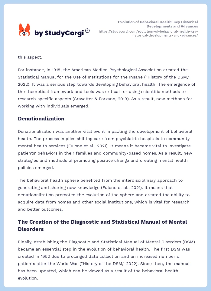 Evolution of Behavioral Health: Key Historical Developments and Advances. Page 2