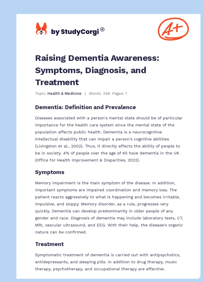 Raising Dementia Awareness: Symptoms, Diagnosis, and Treatment. Page 1