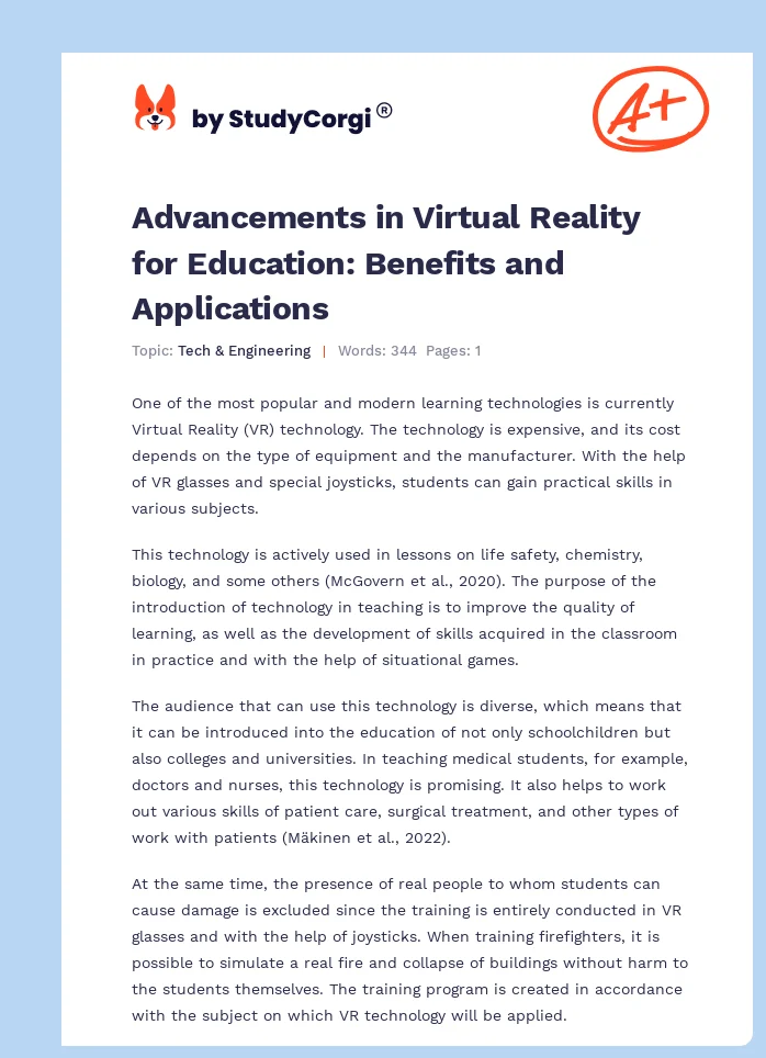 Advancements in Virtual Reality for Education: Benefits and Applications. Page 1