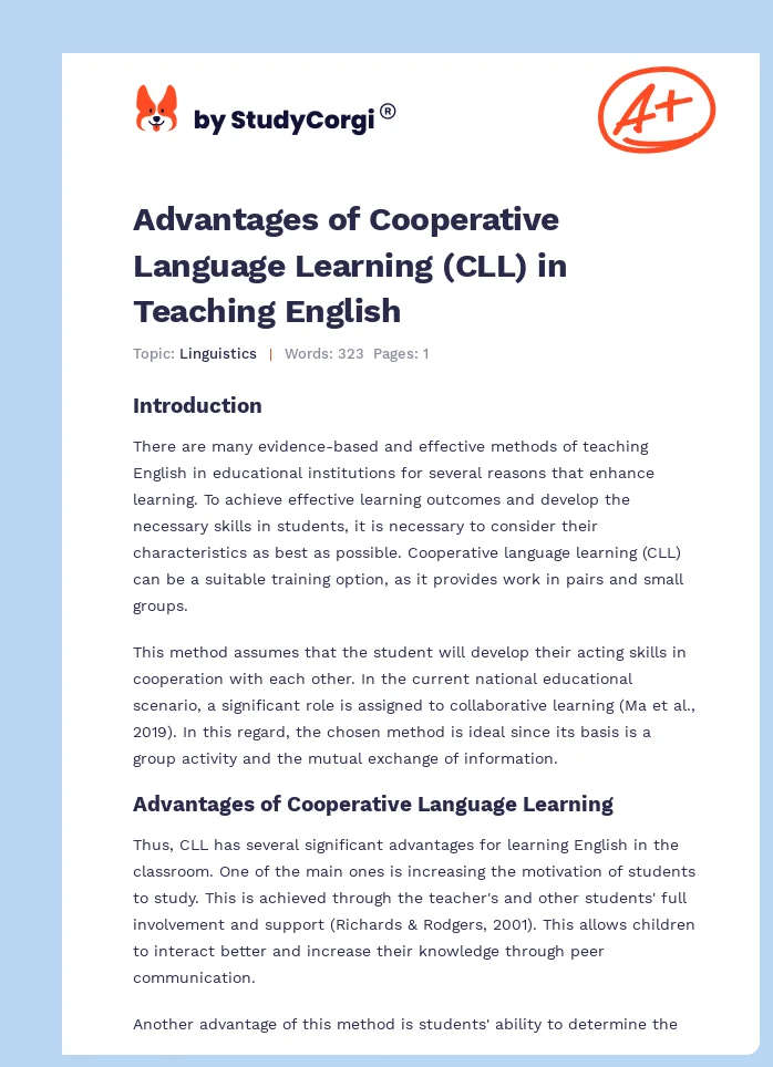 Advantages of Cooperative Language Learning (CLL) in Teaching English. Page 1