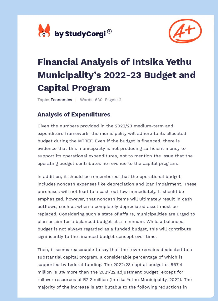 Financial Analysis of Intsika Yethu Municipality’s 2022-23 Budget and Capital Program. Page 1