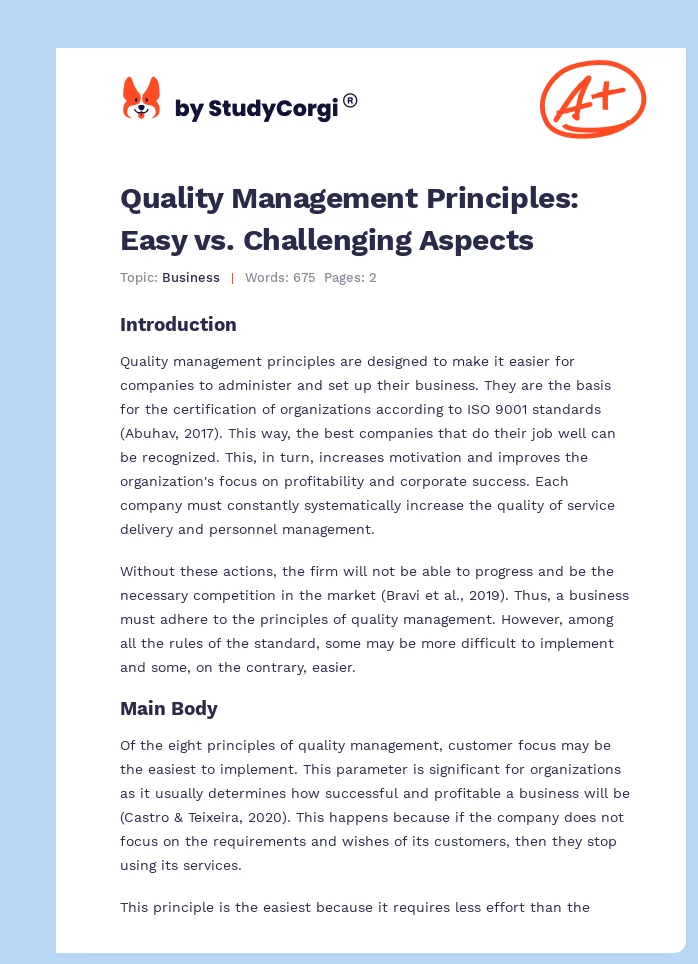 Quality Management Principles: Easy vs. Challenging Aspects. Page 1