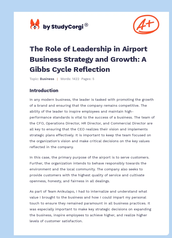 The Role of Leadership in Airport Business Strategy and Growth: A Gibbs Cycle Reflection. Page 1