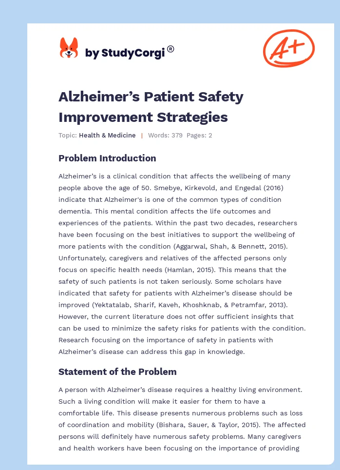 Alzheimer’s Patient Safety Improvement Strategies. Page 1