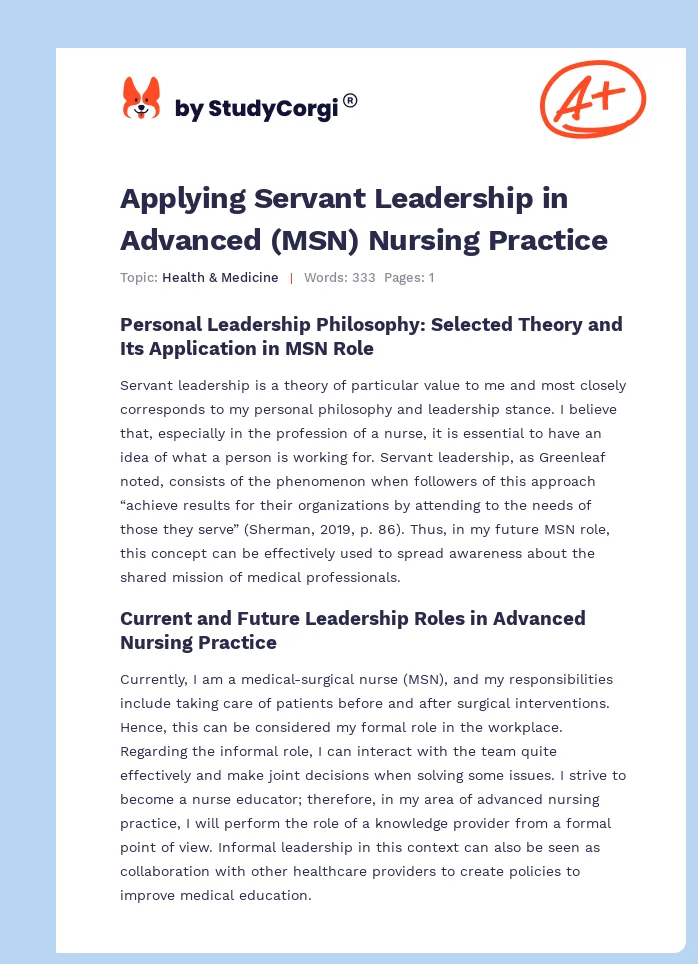 Applying Servant Leadership in Advanced (MSN) Nursing Practice. Page 1