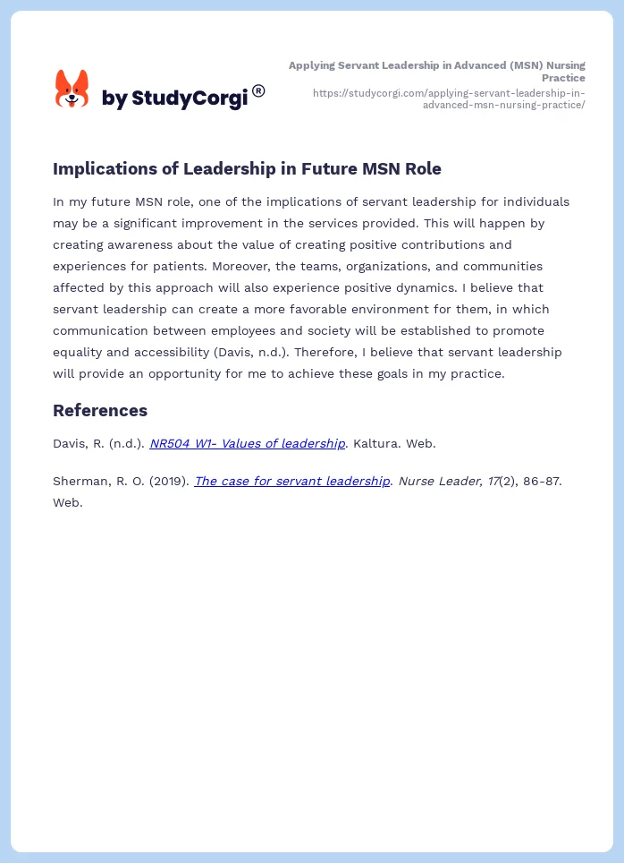 Applying Servant Leadership in Advanced (MSN) Nursing Practice. Page 2