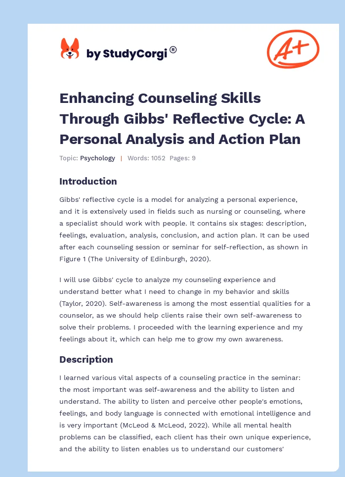 Enhancing Counseling Skills Through Gibbs' Reflective Cycle: A Personal Analysis and Action Plan. Page 1