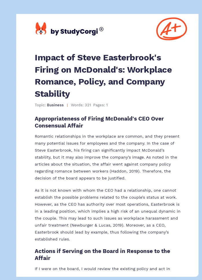 Impact of Steve Easterbrook's Firing on McDonald's: Workplace Romance, Policy, and Company Stability. Page 1