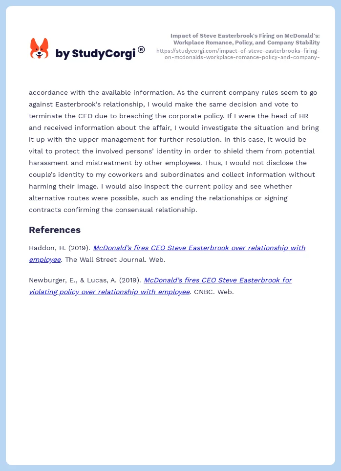 Impact of Steve Easterbrook's Firing on McDonald's: Workplace Romance, Policy, and Company Stability. Page 2