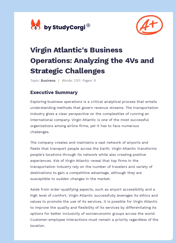 Virgin Atlantic's Business Operations: Analyzing the 4Vs and Strategic Challenges. Page 1