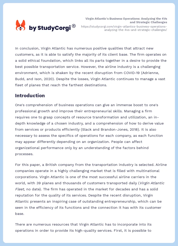 Virgin Atlantic's Business Operations: Analyzing the 4Vs and Strategic Challenges. Page 2