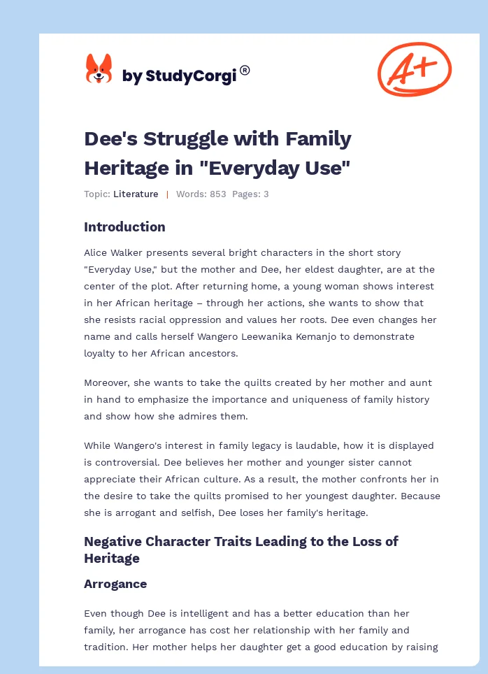 Dee's Struggle with Family Heritage in "Everyday Use". Page 1