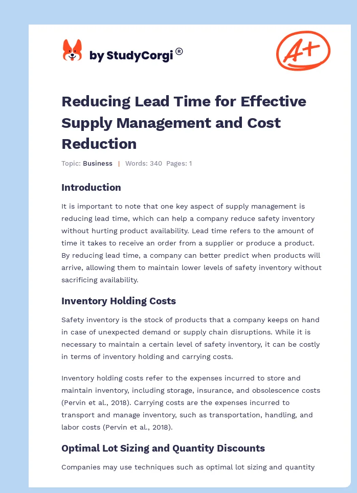 Reducing Lead Time for Effective Supply Management and Cost Reduction. Page 1