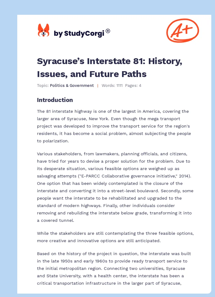 Syracuse’s Interstate 81: History, Issues, and Future Paths. Page 1