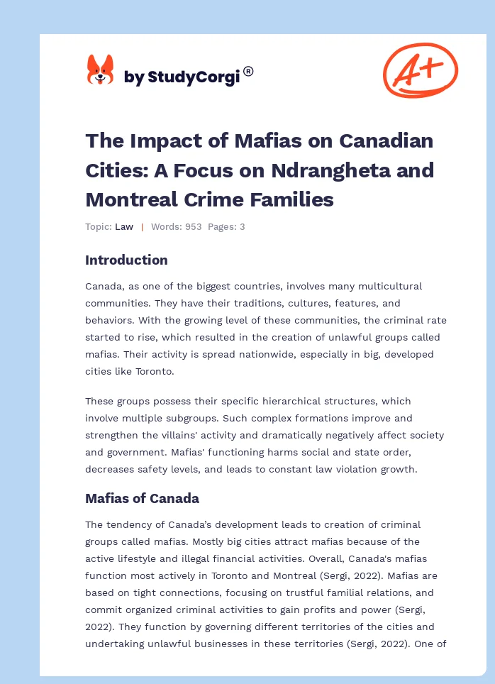 The Impact of Mafias on Canadian Cities: A Focus on Ndrangheta and Montreal Crime Families. Page 1