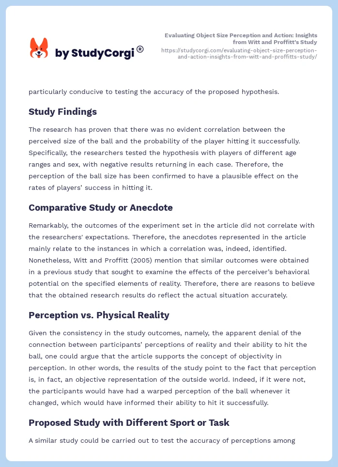 Evaluating Object Size Perception and Action: Insights from Witt and Proffitt’s Study. Page 2